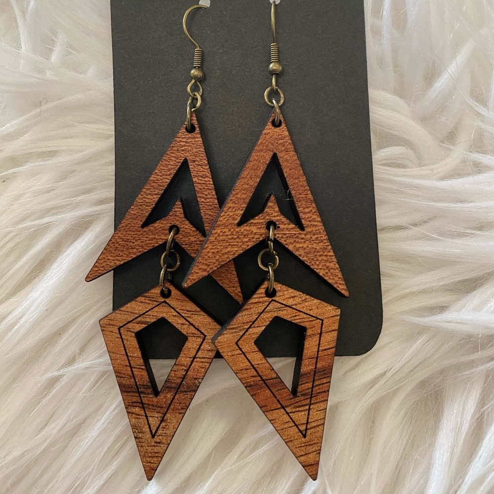 Hand laser cut stacked earrings. Made from cherry and Hawaiian Koa wood